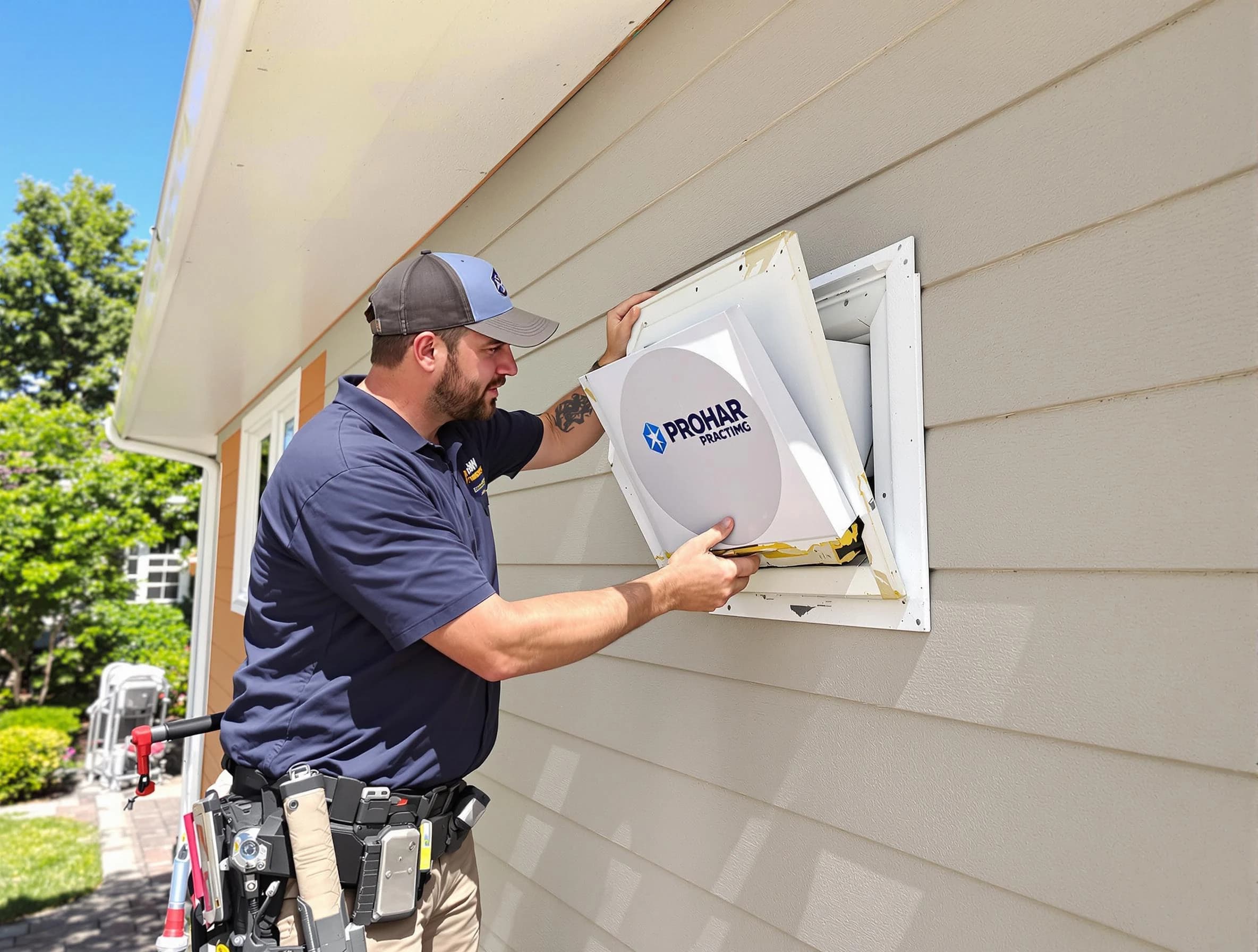 Cecil Dryer Vent Cleaning technician installing a new protective dryer vent cover on a home in Cecil